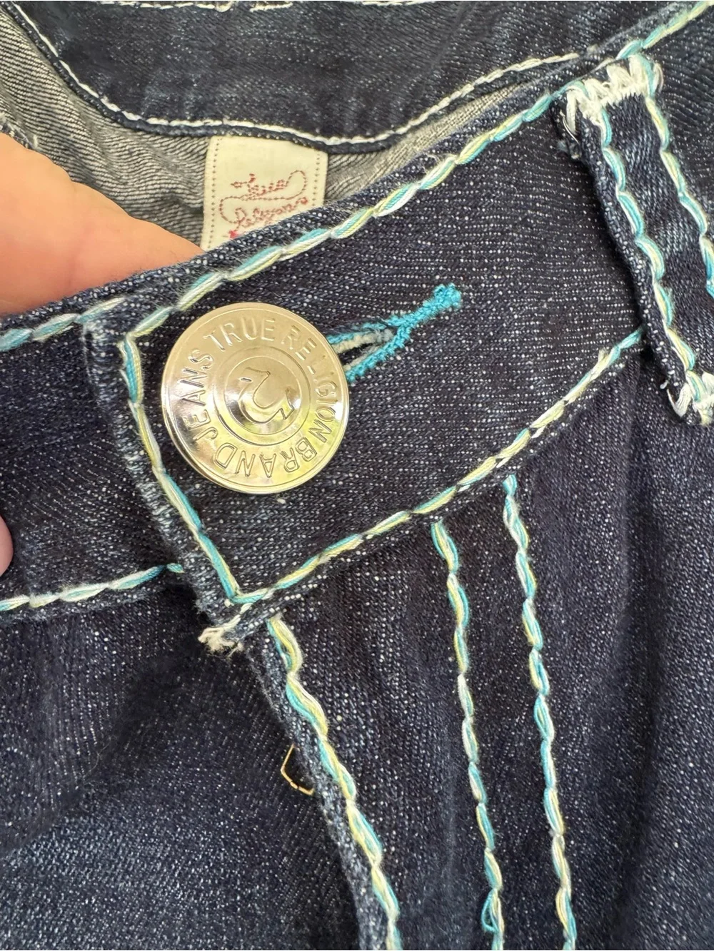 True Religion Men's Joey super T  Blue Straight Jeans with rainbow stitching